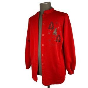 Endless Designs Women's size XL Vintage Red fleece Christmas Cardigan jacket